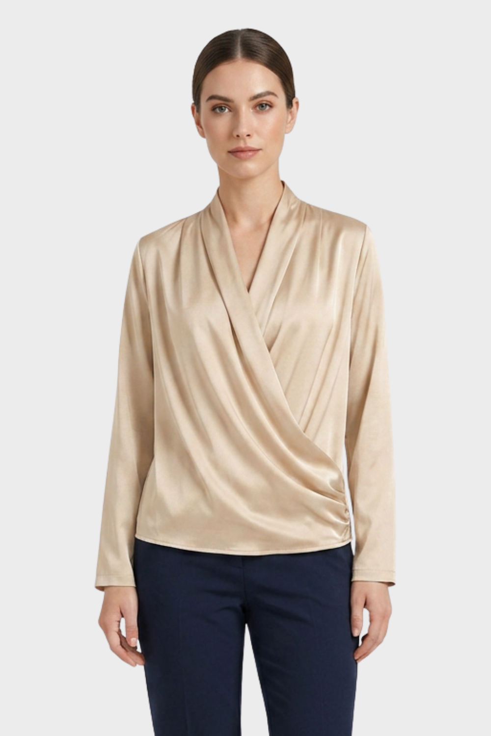 Women's Wrap Blouse with V-Neck and Long Sleeves
