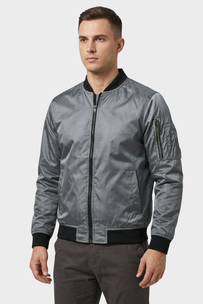 Men's Bomber Jacket with Zip and Stand-Up Collar