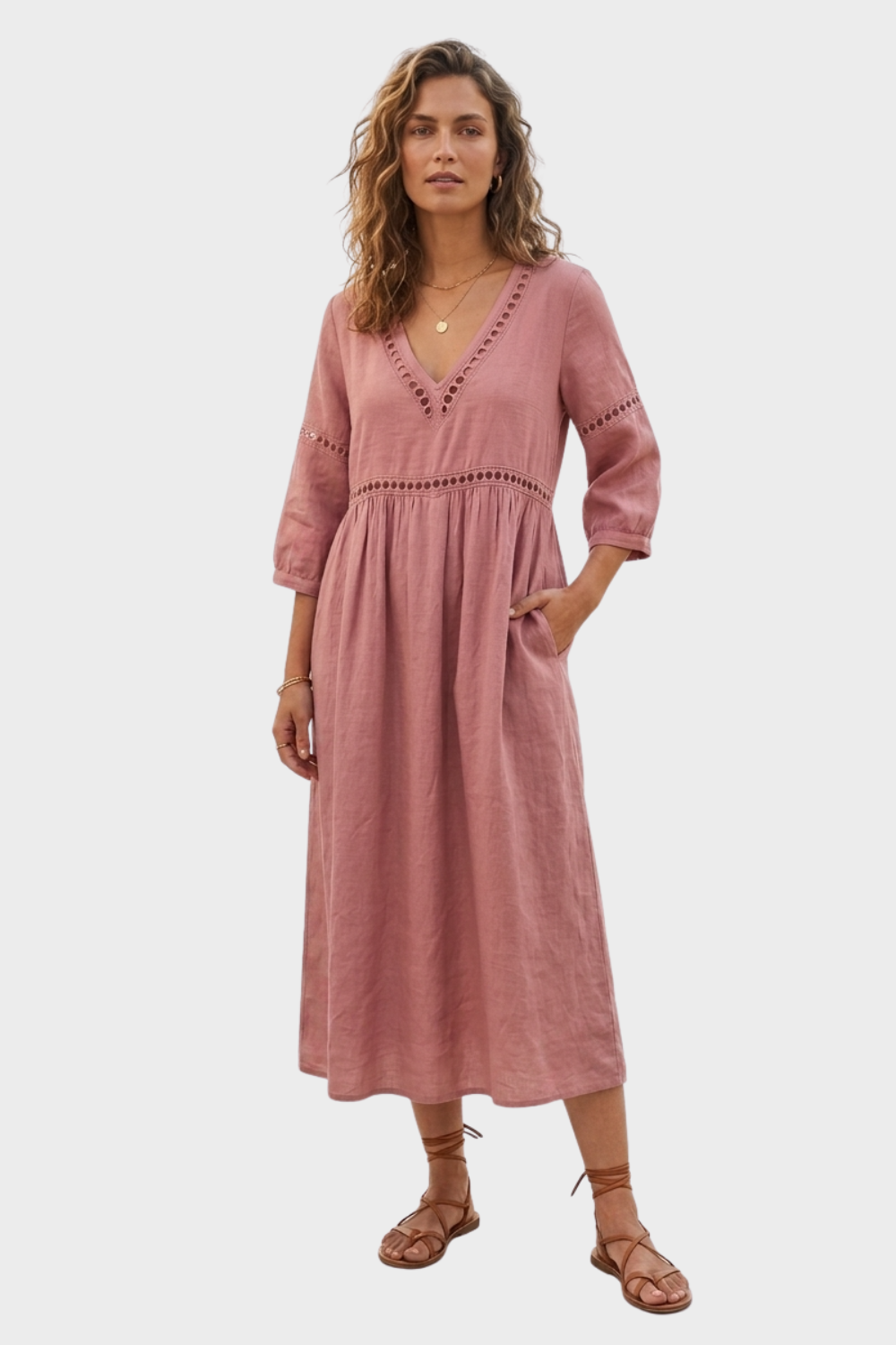 Women's Crochet-Trim Midi | V-Neck