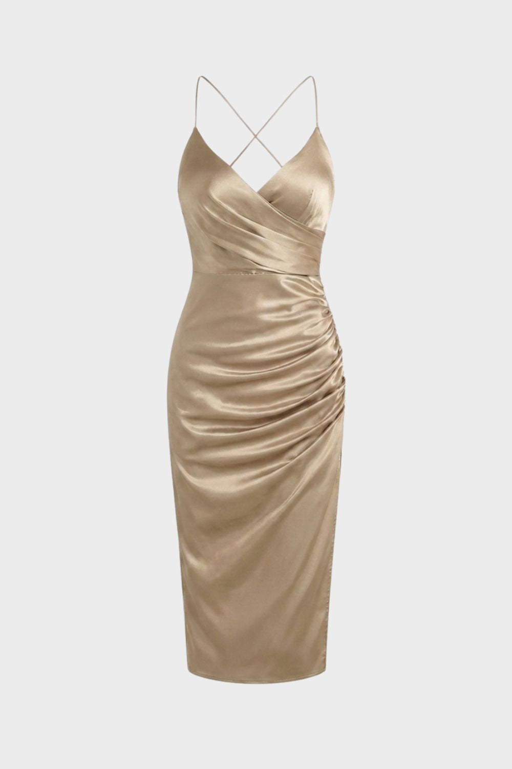 Women's Satin Maxi Dress with Wrap Effect and Slit