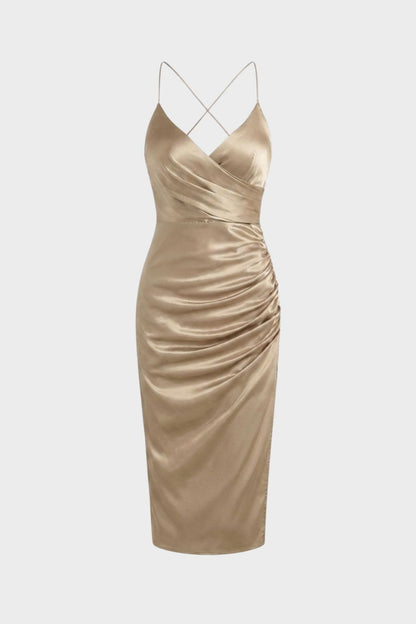 Women's Satin Maxi Dress with Wrap Effect and Slit