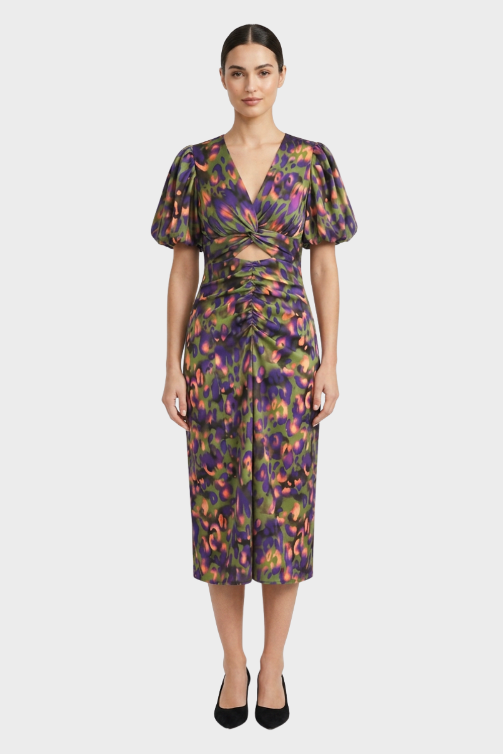 Women's Midi Dress with V-Neck and Floral Pattern
