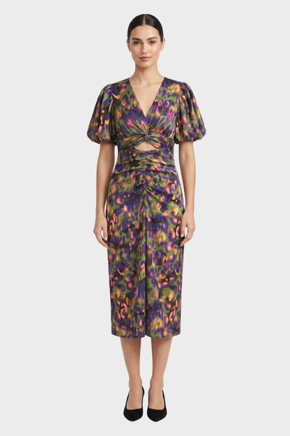 Women's Midi Dress with V-Neck and Floral Pattern