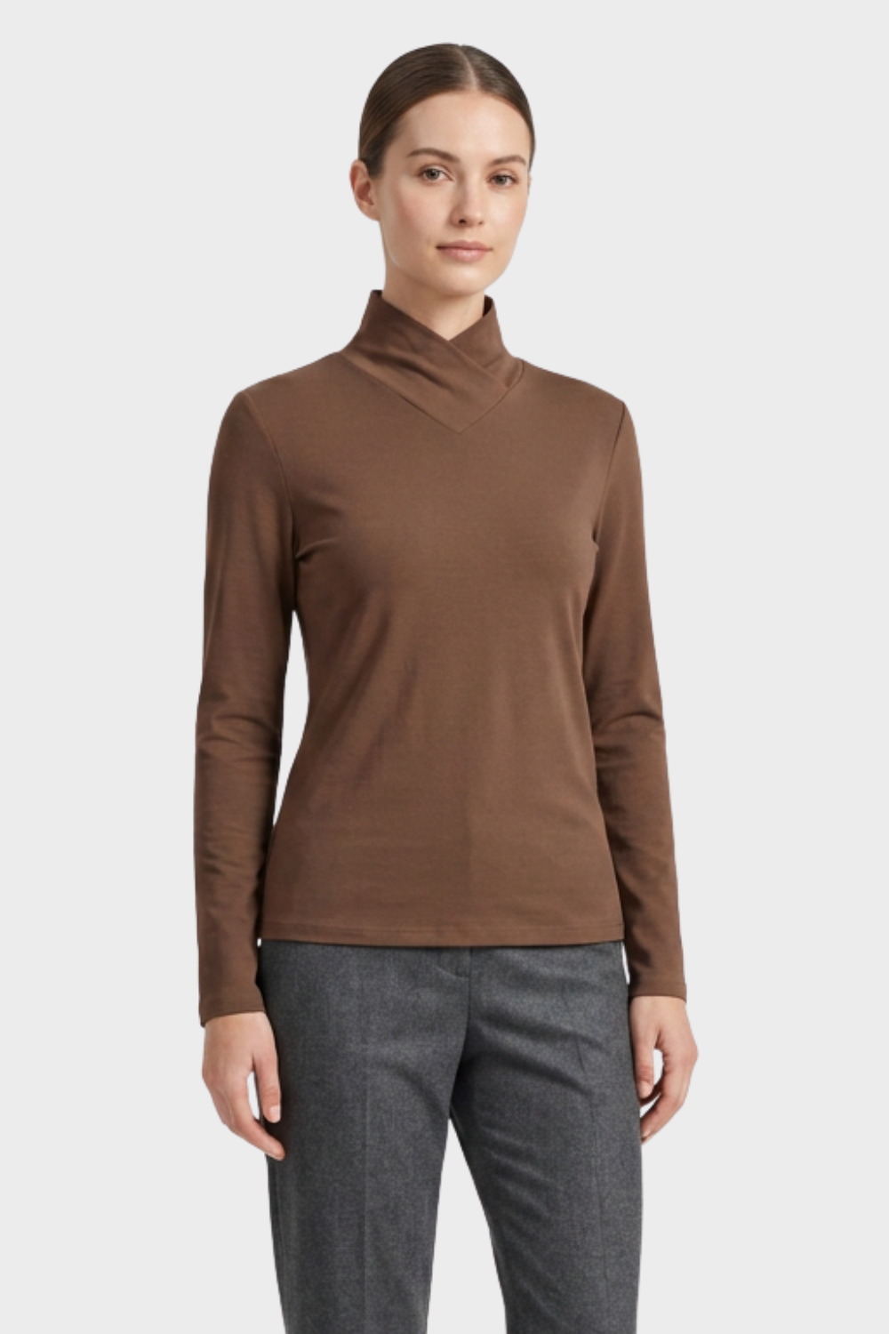 Women's Long Sleeve Top with Stand-up Collar and V-neck