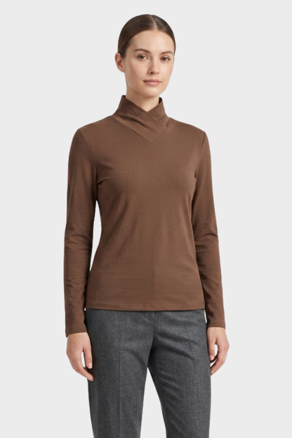 Women's Long Sleeve Top with Stand-up Collar and V-neck