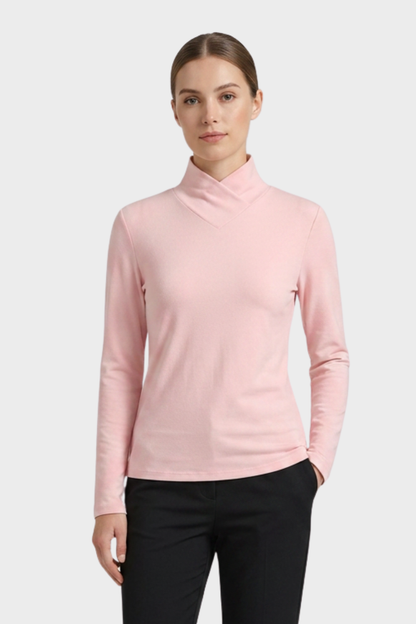 Women's Long Sleeve Top with Stand-up Collar and V-neck
