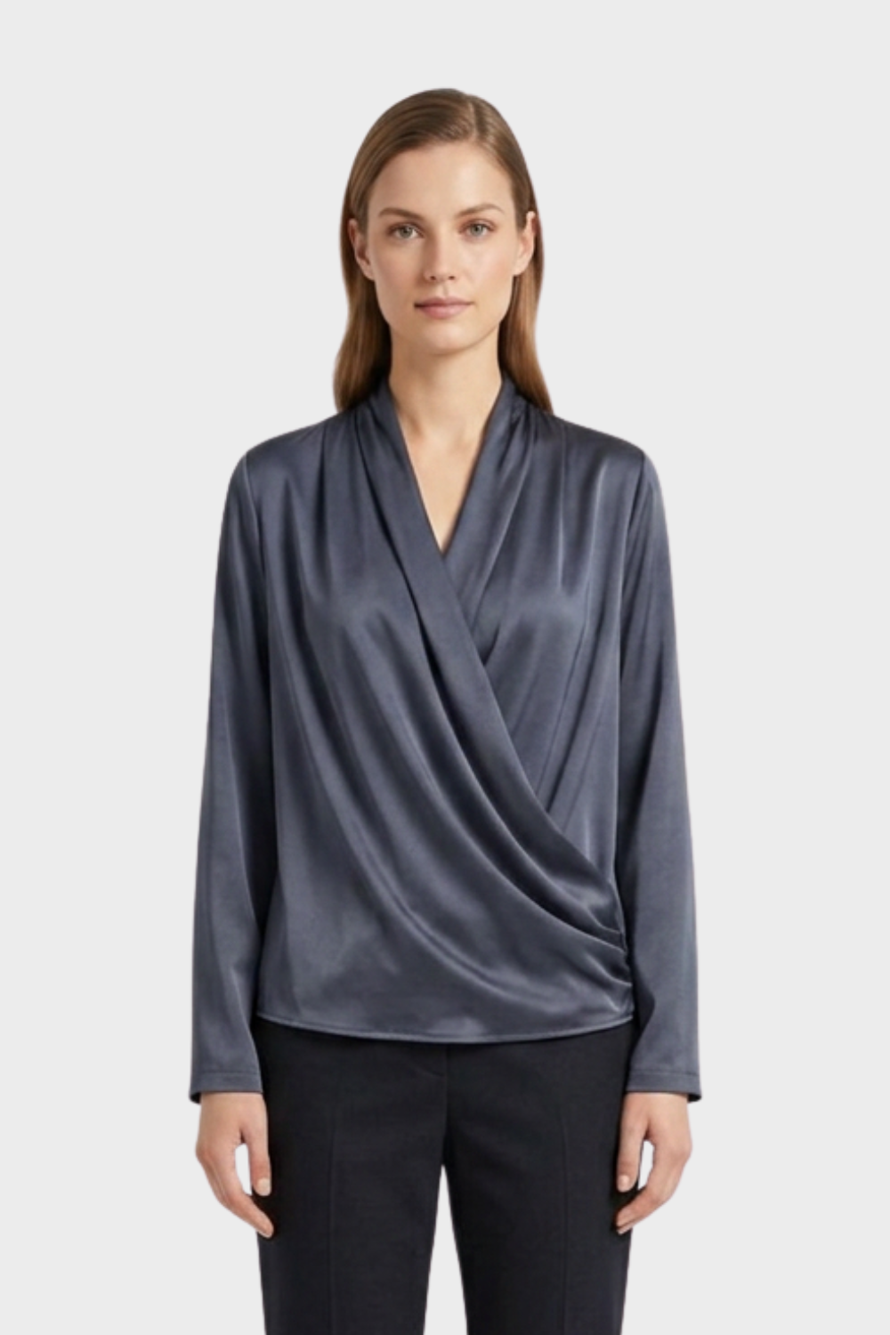 Women's Wrap Blouse with V-Neck and Long Sleeves
