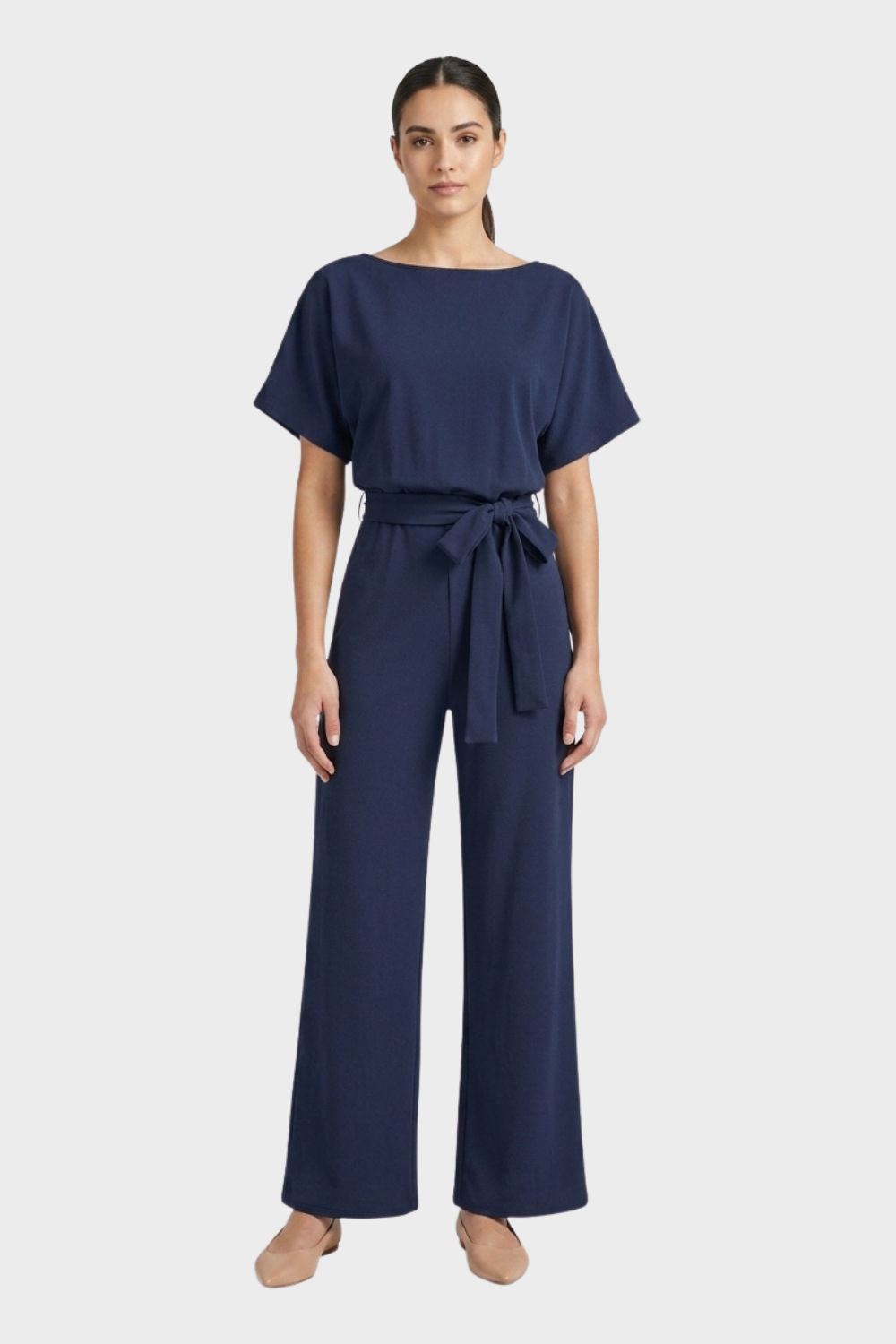Women's Long Jumpsuit with Tie Belt and Short Sleeves