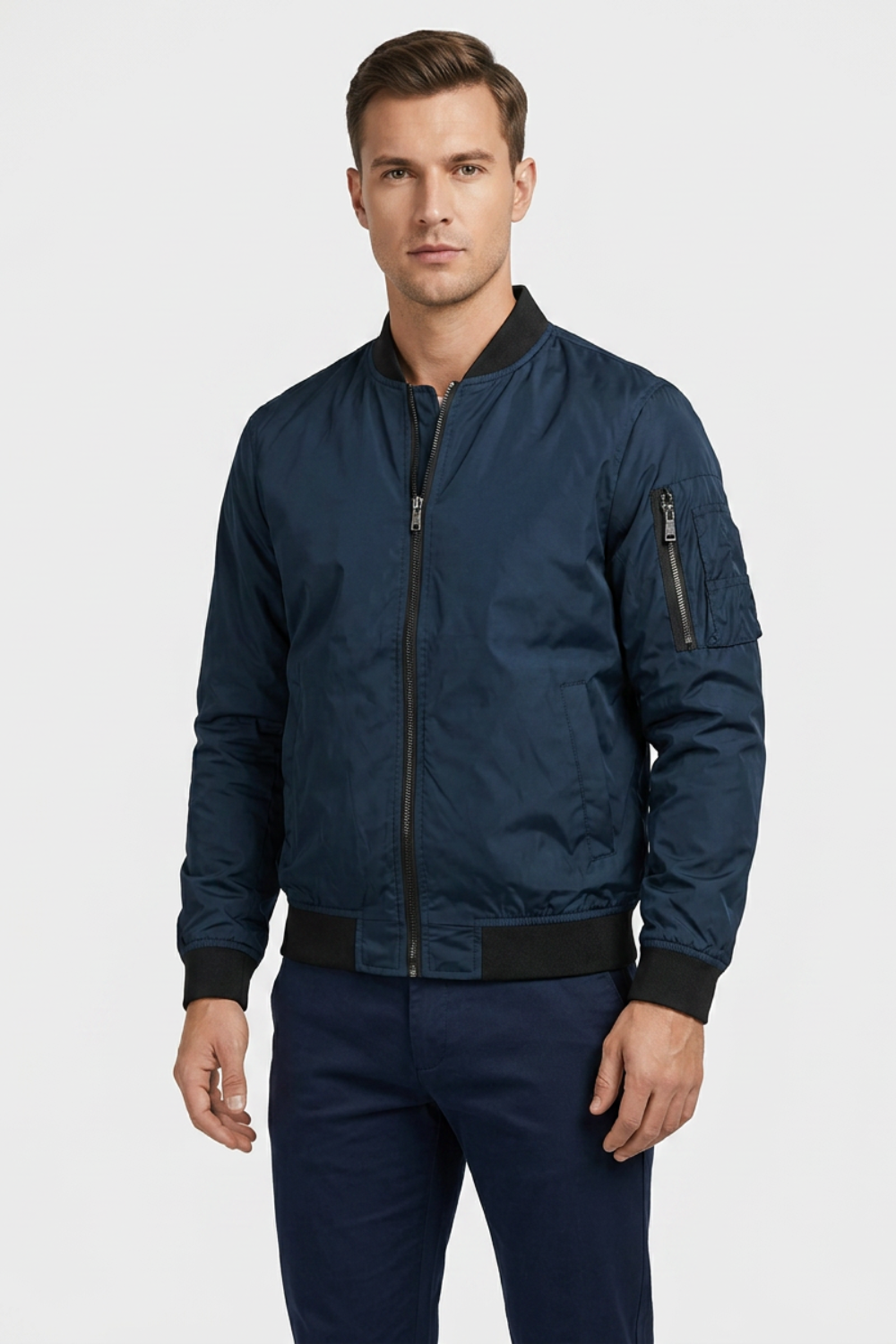 Men's Bomber Jacket with Zip and Stand-Up Collar