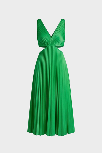 Maxi Dress for Women with Pleats and V-Neck