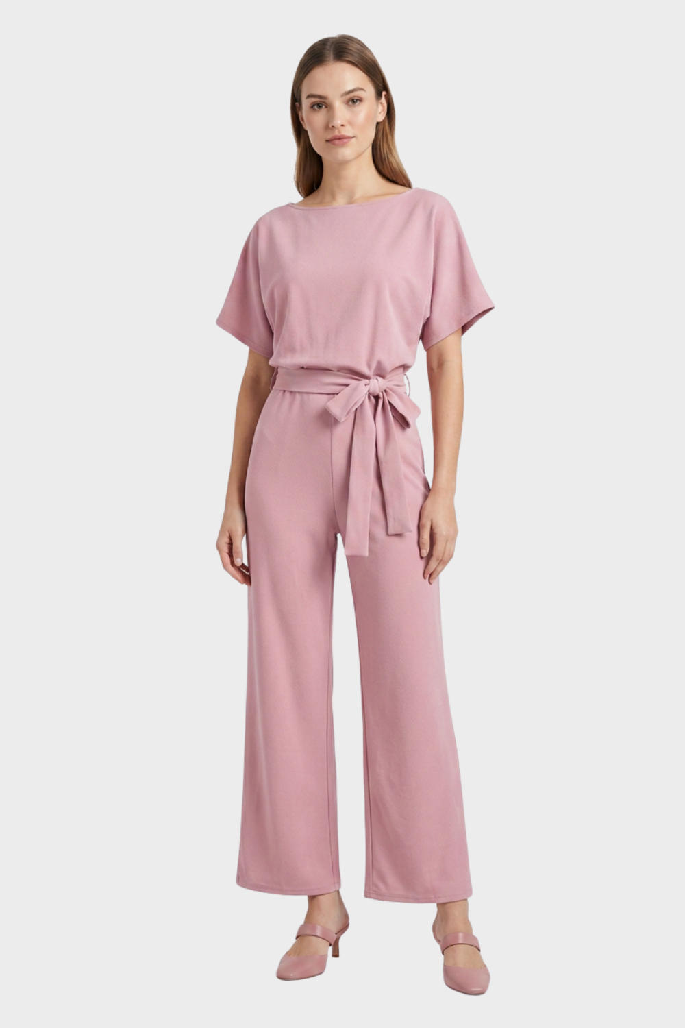 Women's Long Jumpsuit with Tie Belt and Short Sleeves