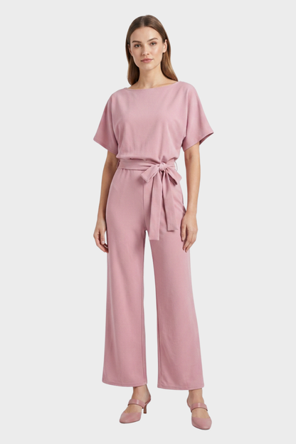 Women's Long Jumpsuit with Tie Belt and Short Sleeves