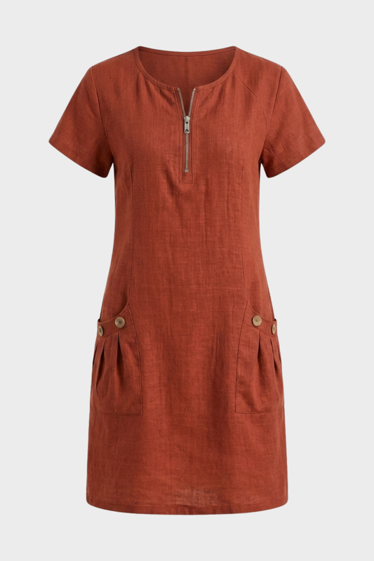 Women's Linen-Look Shift Dress | Zip Neck
