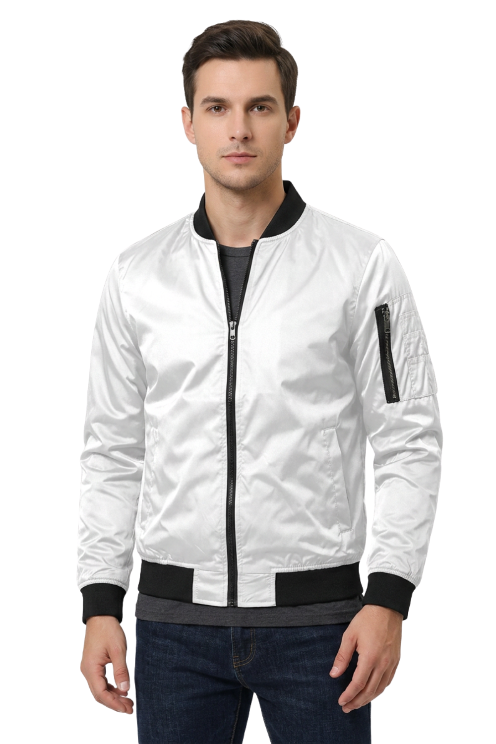 Men's Bomber Jacket with Zip and Stand-Up Collar