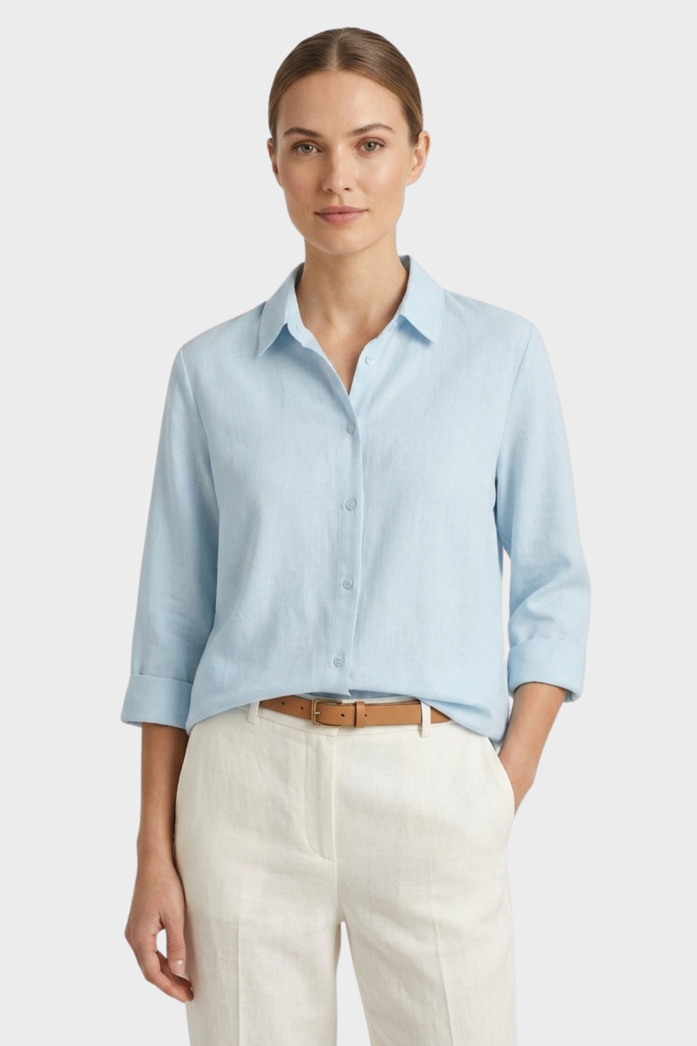 Women's White Long Sleeve Blouse with Collar and Button Placket