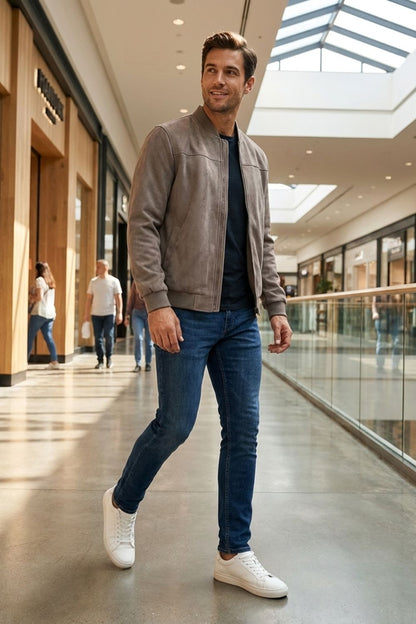 Men's Leather Jacket with Zip and Stand-Up Collar