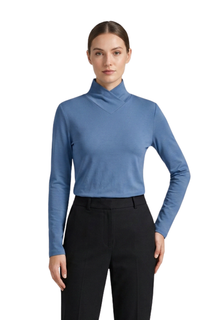 Women's Long Sleeve Top with Stand-up Collar and V-neck