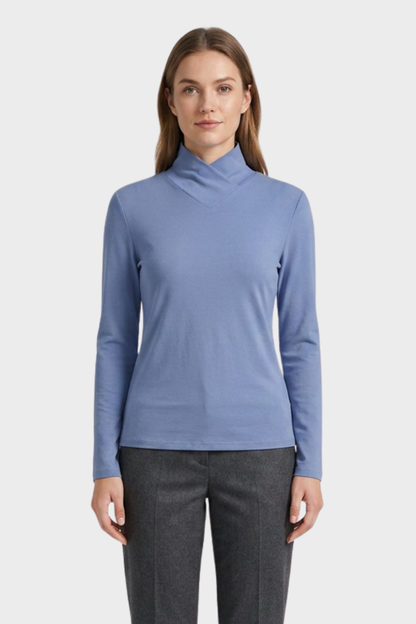 Women's Long Sleeve Top with Stand-up Collar and V-neck