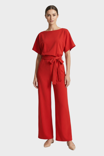 Women's Long Jumpsuit with Tie Belt and Short Sleeves