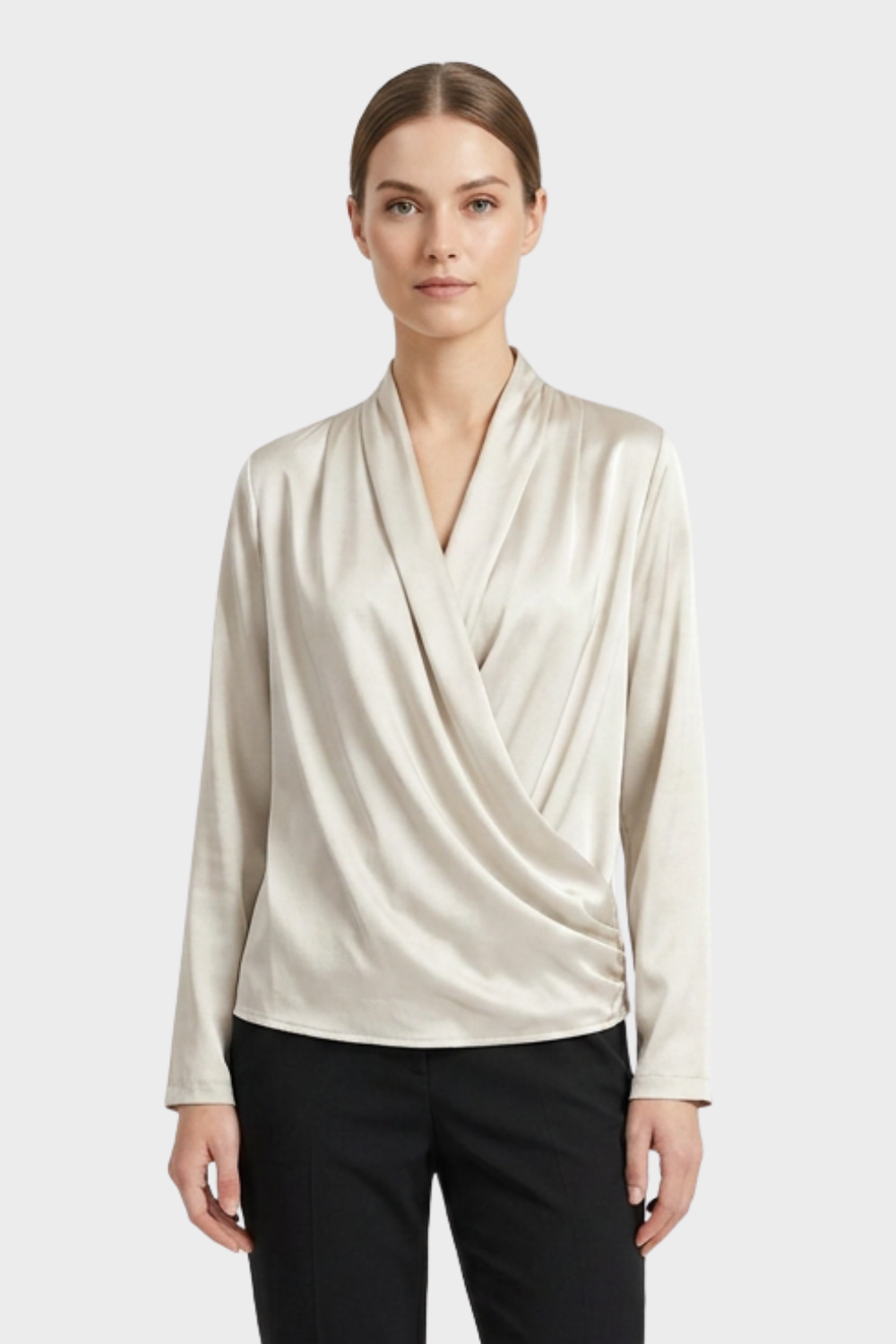 Women's Wrap Blouse with V-Neck and Long Sleeves