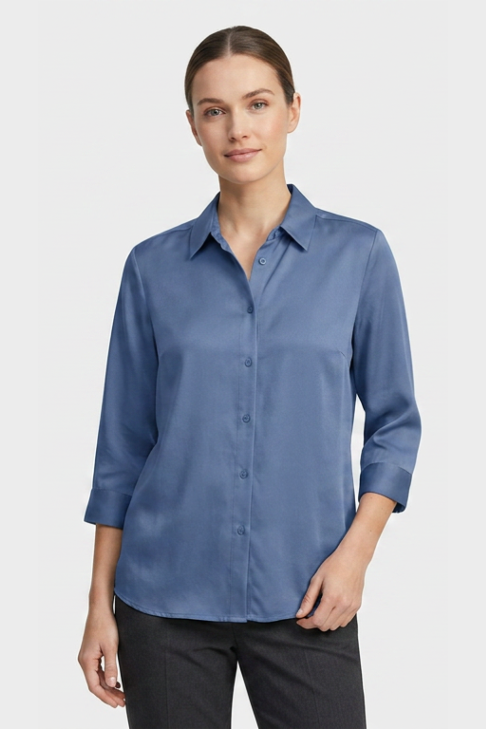 Women's White Long Sleeve Blouse with Collar and Button Placket