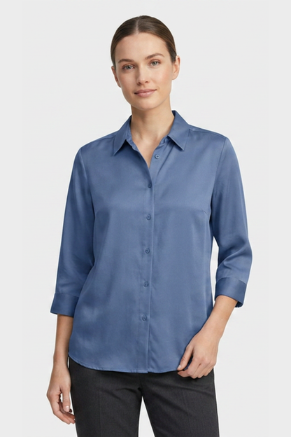Women's White Long Sleeve Blouse with Collar and Button Placket
