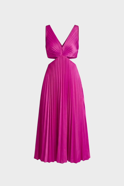 Maxi Dress for Women with Pleats and V-Neck