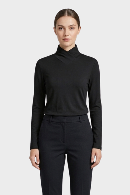 Women's Long Sleeve Top with Stand-up Collar and V-neck