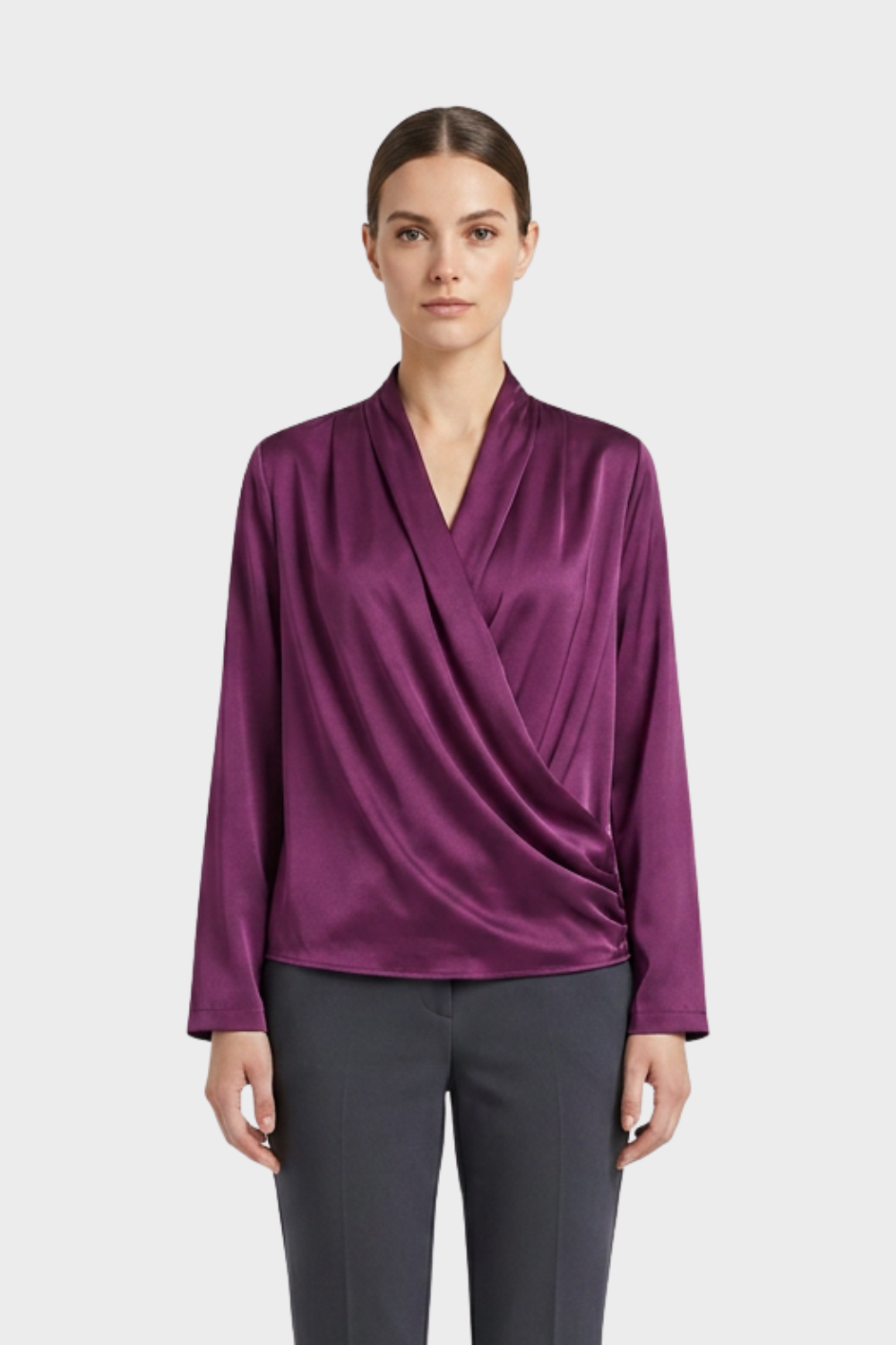 Women's Wrap Blouse with V-Neck and Long Sleeves
