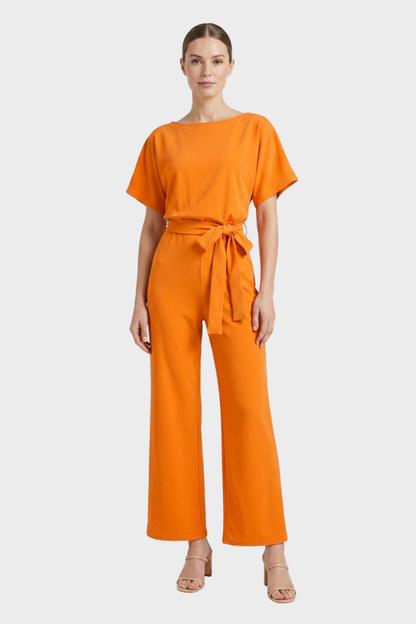 Women's Long Jumpsuit with Tie Belt and Short Sleeves