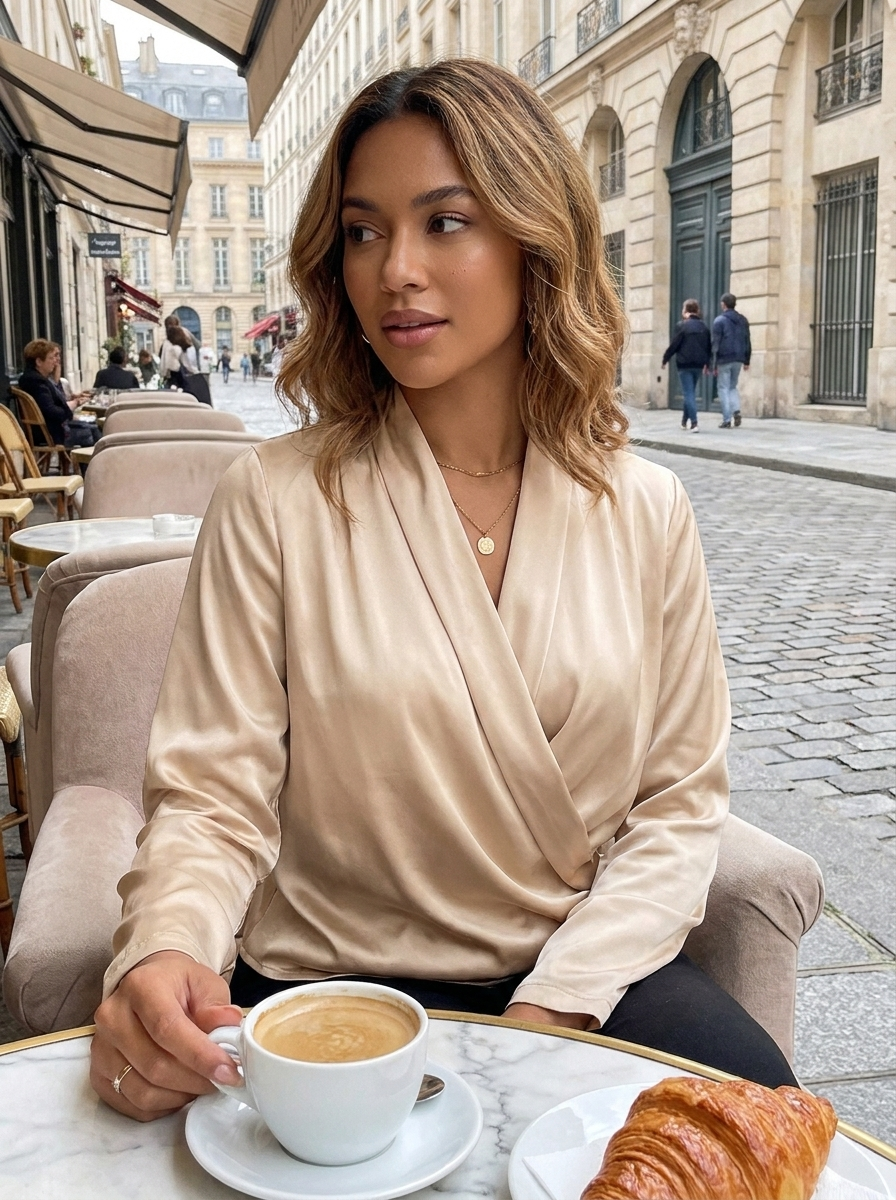 Women's Wrap Blouse with V-Neck and Long Sleeves
