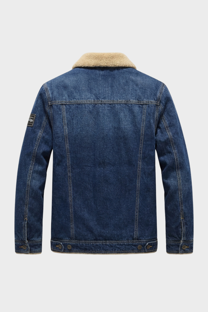 Men's Denim Jacket with Faux Fur Collar and Button Placket