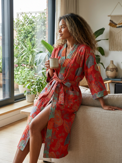 Kimono Women's Bathrobe with Belt and Pattern Knee-Length