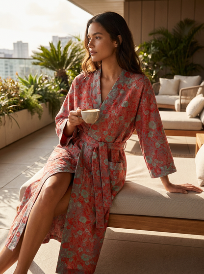 Kimono Women's Bathrobe with Belt and Pattern Knee-Length