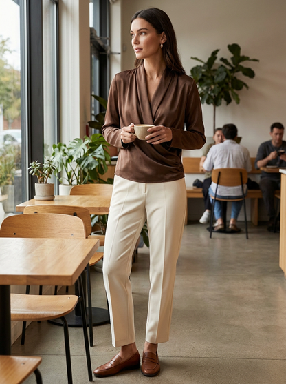 Women's Wrap Blouse with V-Neck and Long Sleeves