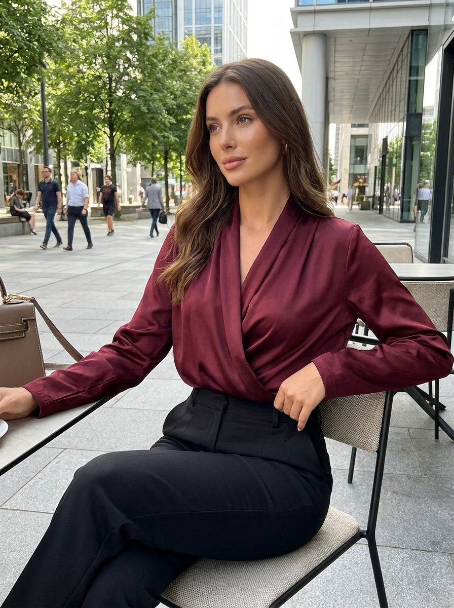 Women's Wrap Blouse with V-Neck and Long Sleeves