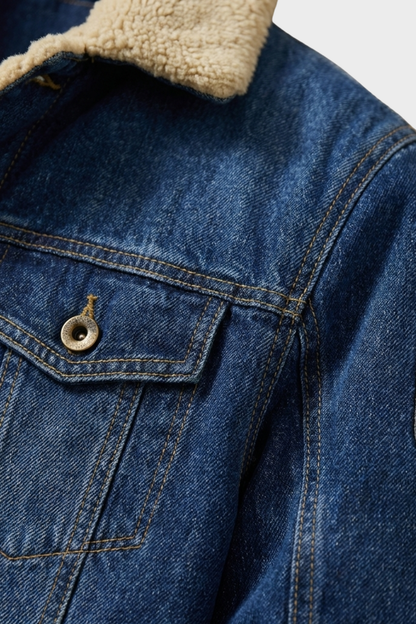 Men's Denim Jacket with Faux Fur Collar and Button Placket
