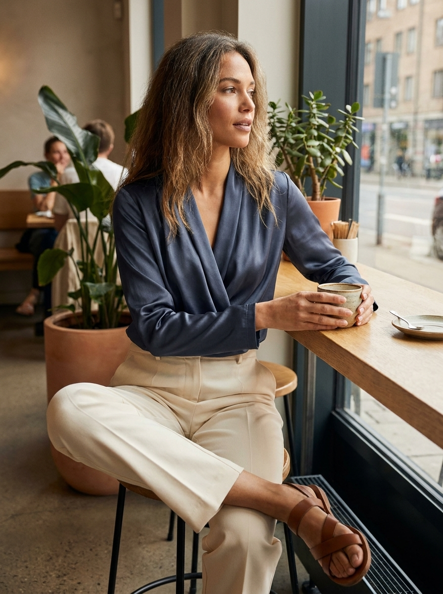 Women's Wrap Blouse with V-Neck and Long Sleeves