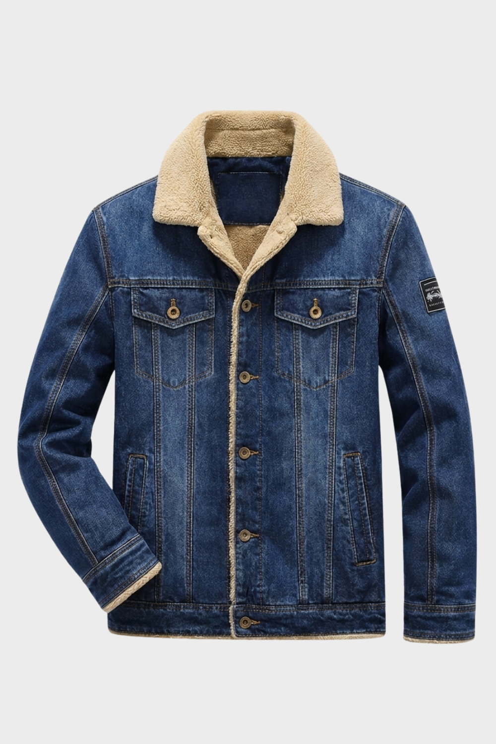 Men's Denim Jacket with Faux Fur Collar and Button Placket