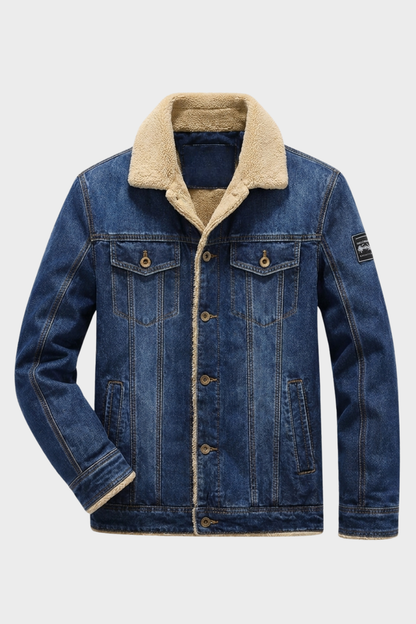Men's Denim Jacket with Faux Fur Collar and Button Placket