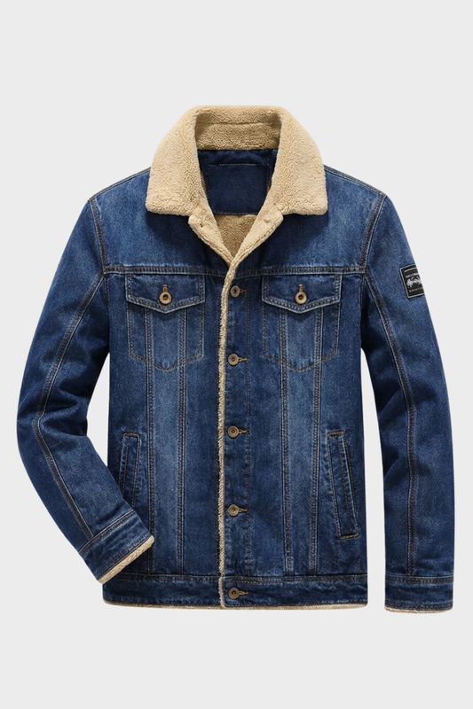 Men's Denim Jacket with Faux Fur Collar and Button Placket