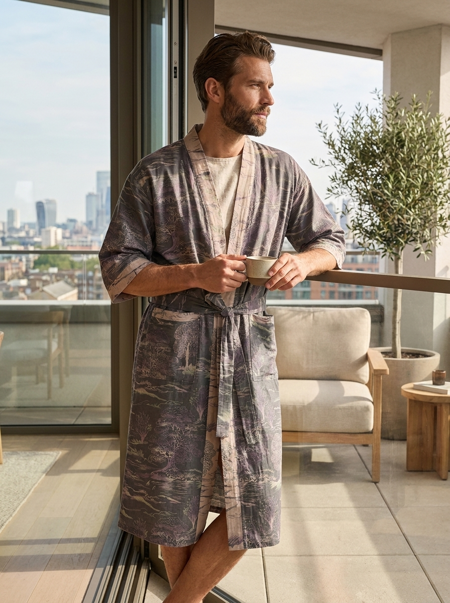 Kimono Women's Bathrobe with Belt and Pattern Knee-Length