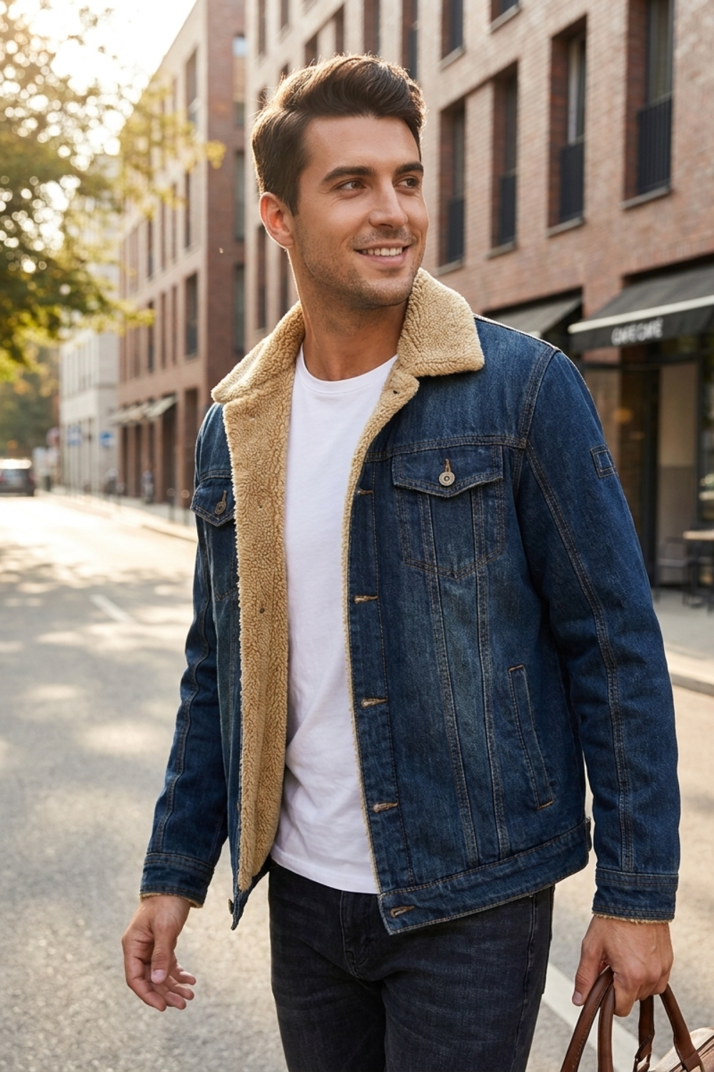 Men's Denim Jacket with Faux Fur Collar and Button Placket