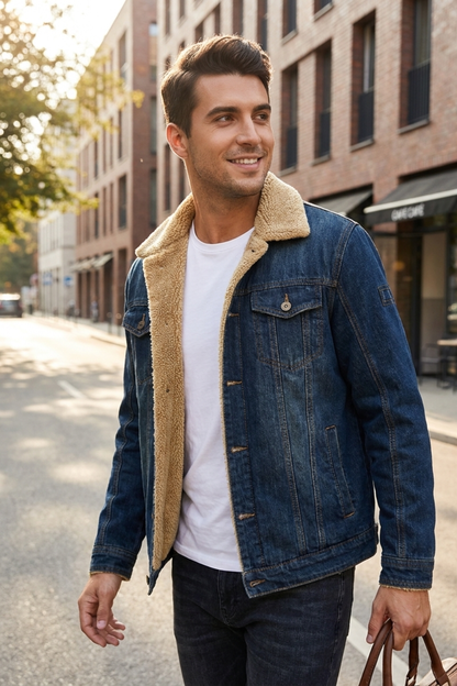 Men's Denim Jacket with Faux Fur Collar and Button Placket