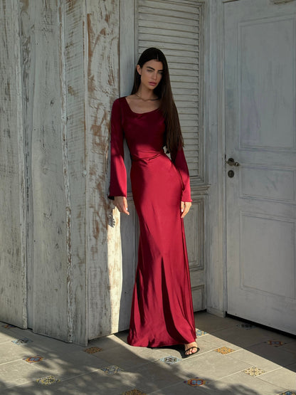Women's Satin Maxi Dress | Long Sleeve