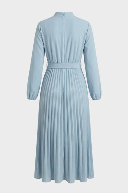 Midi Dress for Women Pleated with Long Sleeves and Belt