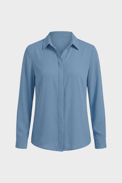 Women's Long Sleeve Blouse with Collar and Button Placket