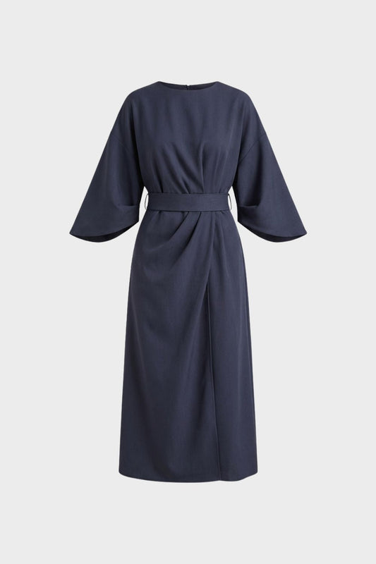 womens belted midi dress long sleeve elegant casual dress | Camden-London