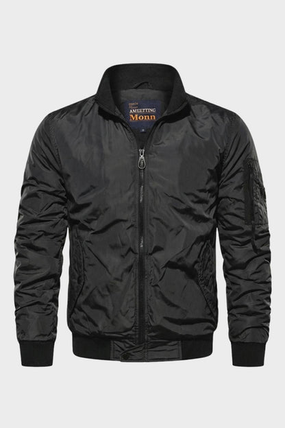 Men's Casual Bomber Jacket with Zip and Stand-Up Collar