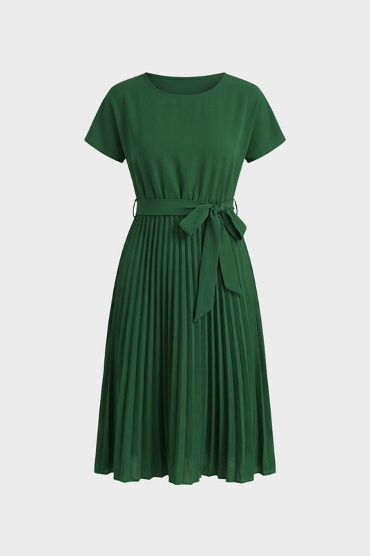 Midi Dress for Women with Pleated Skirt and Belt